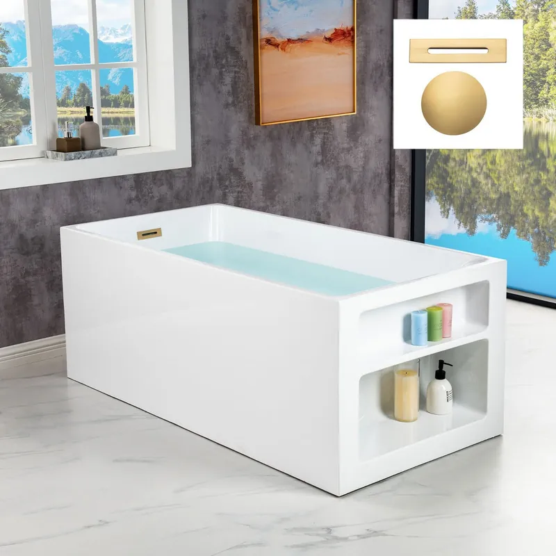 WoodBridge BTA0081 59" White Acrylic Freestanding Soaking Bathtub With Brushed Gold Overflow, Drain, F-0007BGRD Tub Filler and Caddy Tray Today Only