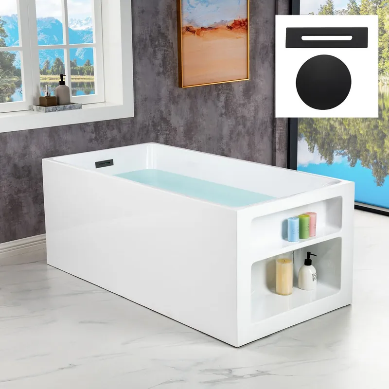 WoodBridge BTA0081 59" White Acrylic Freestanding Soaking Bathtub With Matte Black Overflow, Drain, F0006MBRD Tub Filler and Caddy Tray Fan Favorite