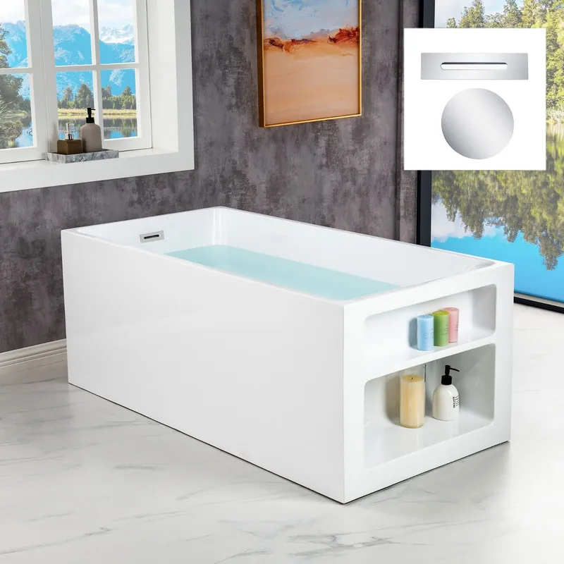WoodBridge BTA0081 59" White Acrylic Freestanding Soaking Bathtub With Chrome Overflow, Drain, F0024CHSQ Tub Filler and Caddy Tray Genuine