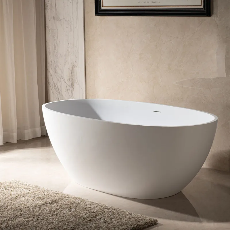 WoodBridge B0045 67" Matte White Luxury Contemporary Solid Surface Freestanding Bathtub With F-0013 Chrome Tub Filler and Caddy Tray No Minimum Order
