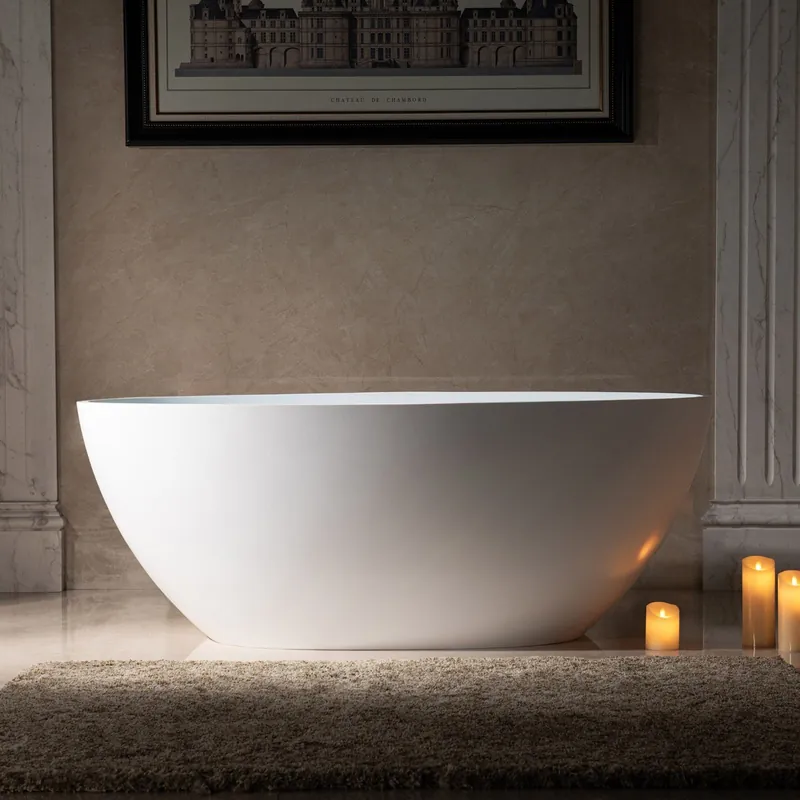 WoodBridge B0044 59" Matte White Luxury Contemporary Solid Surface Freestanding Bathtub With F0001BNRD Brushed Nickel Tub Filler and Caddy Tray Bargain