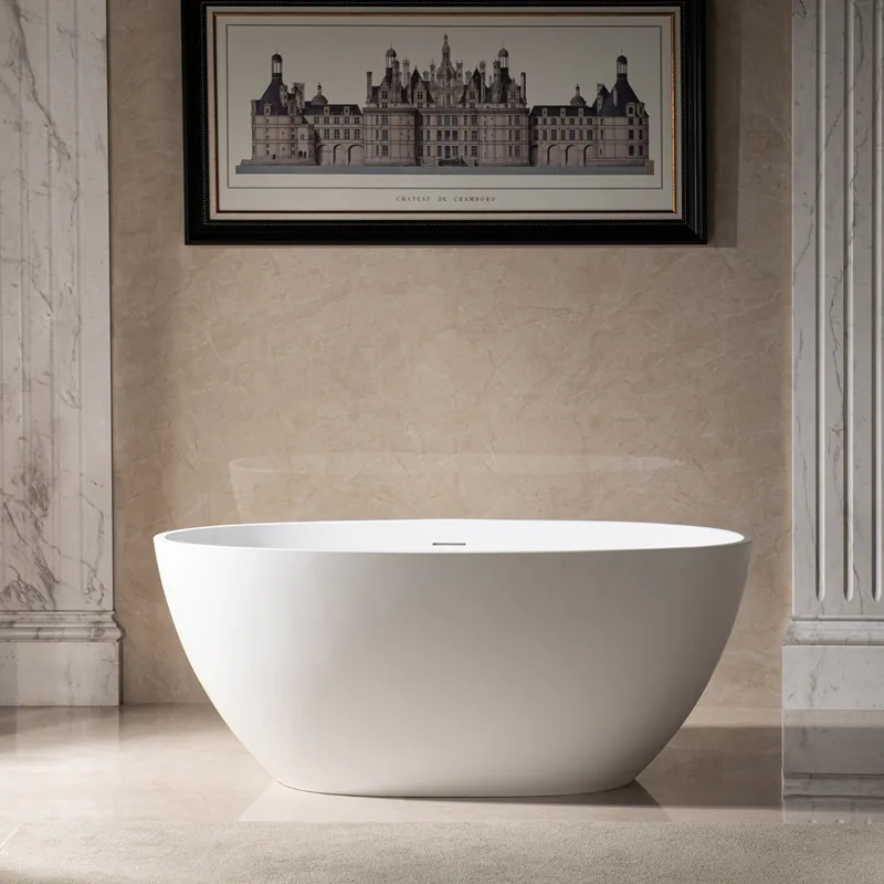 No Minimum Order WoodBridge B0043 55" Matte White Luxury Contemporary Solid Surface Freestanding Bathtub With F0036CH Polished Chrome Tub Filler and Caddy Tray