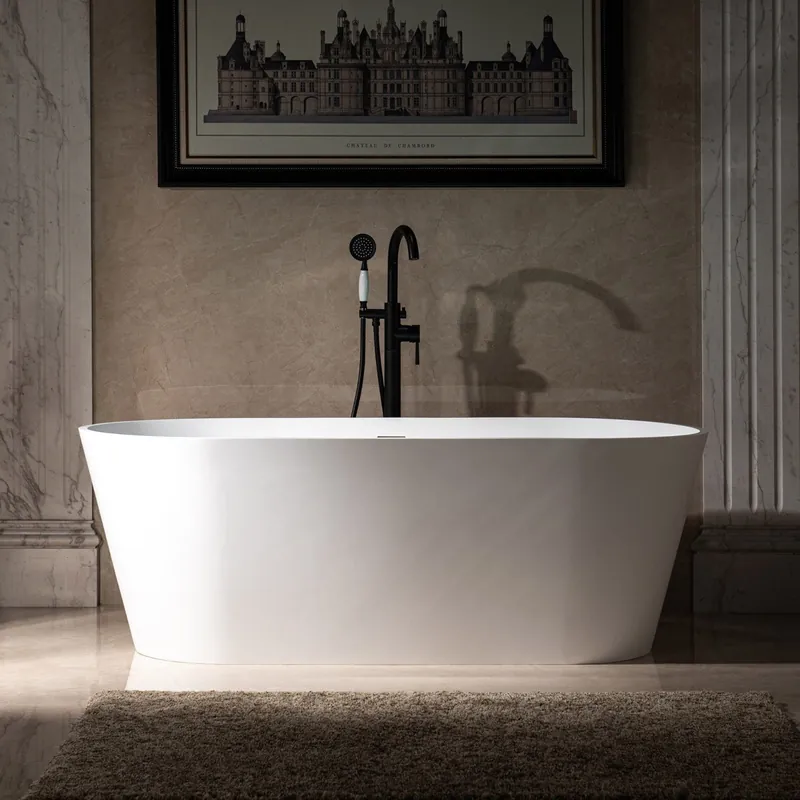 WoodBridge B0042 67" Matte White Luxury Contemporary Solid Surface Freestanding Bathtub With F0001BNRD Brushed Nickel Tub Filler and Caddy Tray Professional Grade
