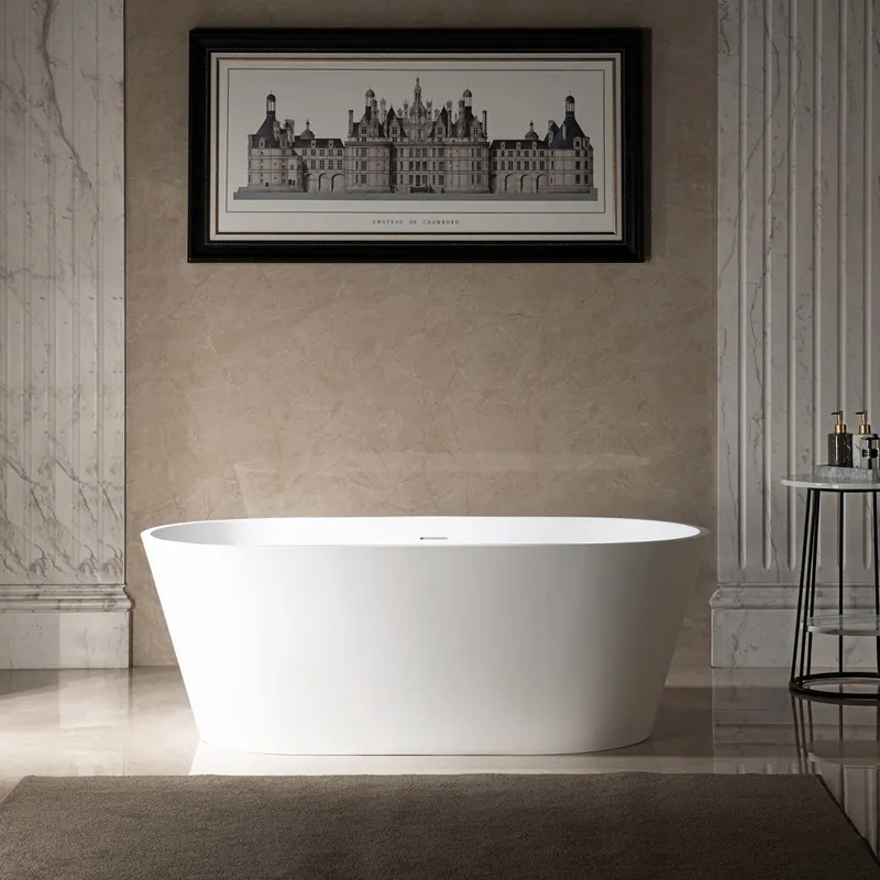 Free Shipping WoodBridge B0041 59" Matte White Luxury Contemporary Solid Surface Freestanding Bathtub With F0001BNRD Brushed Nickel Tub Filler and Caddy Tray