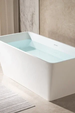 Affordable WoodBridge B0046 59" Matte White Luxury Contemporary Solid Surface Freestanding Bathtub With F0002CHVT Chrome Tub Filler and Caddy Tray