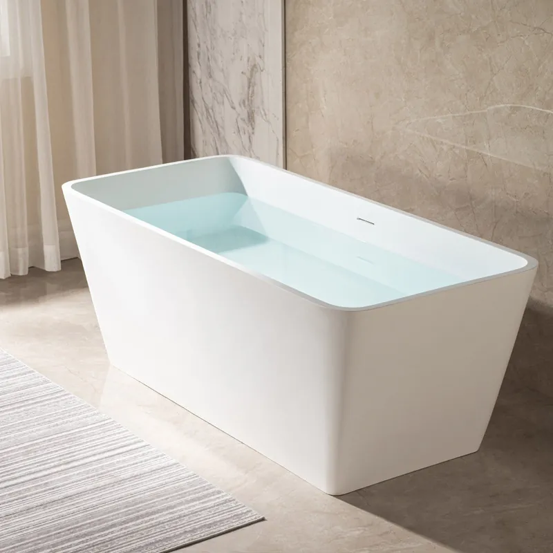 WoodBridge B0046 59" Matte White Luxury Contemporary Solid Surface Freestanding Bathtub With F0026BGVT Brushed Gold Tub Filler and Caddy Tray Fast Shipping