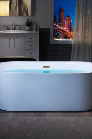 Affordable WoodBridge B0057 67" White Acrylic Freestanding Contemporary Soaking Bathtub With Brushed Gold Overflow, Drain, F-0008 Tub Filler and Caddy Tray