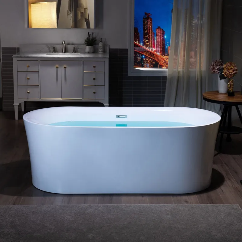 Limited Time WoodBridge B0057 67" White Acrylic Freestanding Contemporary Soaking Bathtub With Chrome Overflow, Drain, F-0013 Tub Filler and Caddy Tray