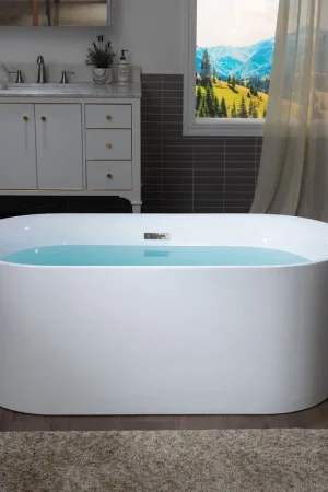 Affordable WoodBridge B0058 59" White Acrylic Freestanding Contemporary Soaking Bathtub With Brushed Nickel Overflow, Drain, F0001BNRD Tub Filler and Caddy Tray