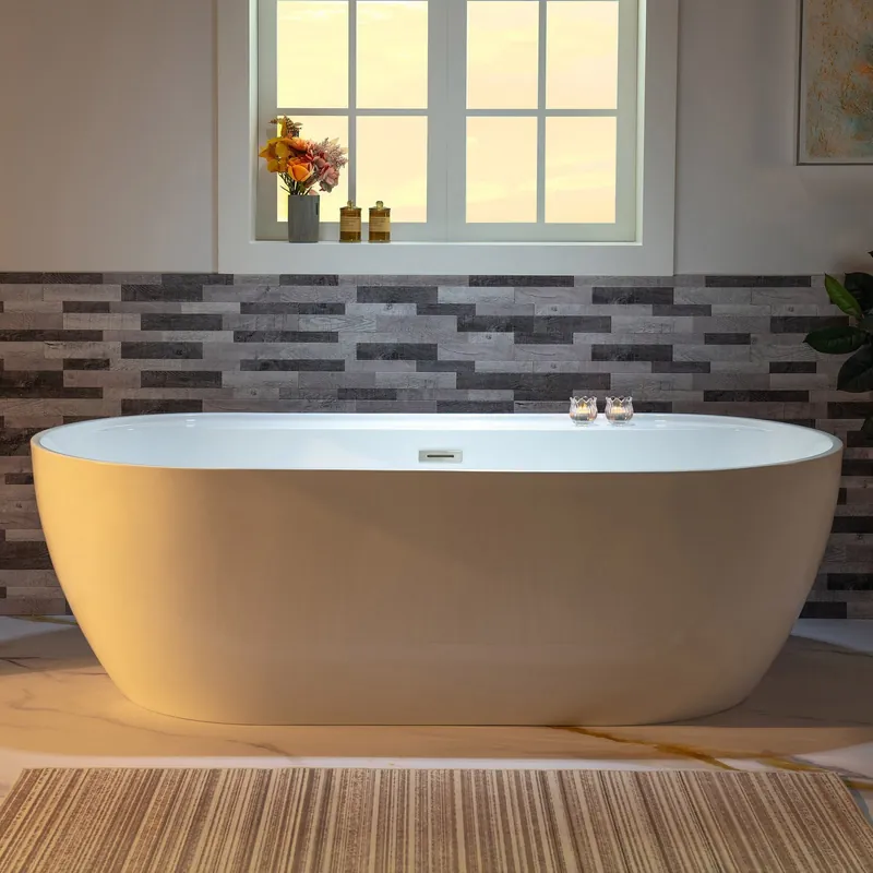 Editor’s Pick WoodBridge B0059 72" White Acrylic Freestanding Contemporary Soaking Bathtub With Brushed Nickel Overflow, Drain, F0070BNRD Tub Filler and Caddy Tray