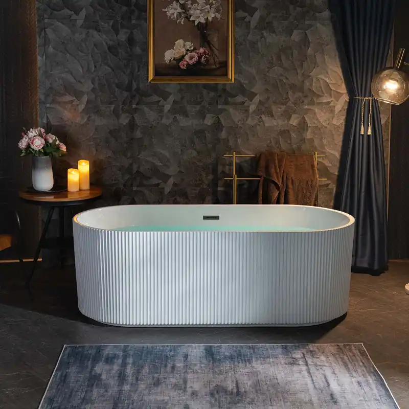 WoodBridge BTA1526 67" White Acrylic Freestanding Contemporary Soaking Bathtub With Matte Black Overflow, Drain, F0037MB Tub Filler and Caddy Tray Best Choice