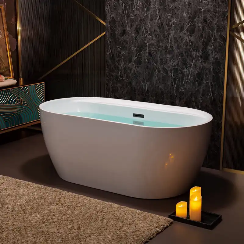 Special Discount WoodBridge B0064 59" White Acrylic Freestanding Contemporary Soaking Bathtub With Matte Black Overflow, Drain, F0025MBRD Tub Filler and Caddy Tray