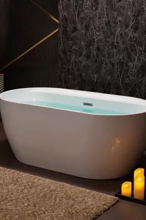 Affordable WoodBridge B0064 59" White Acrylic Freestanding Contemporary Soaking Bathtub With Brushed Nickel Overflow, Drain, F0001BNRD Tub Filler and Caddy Tray