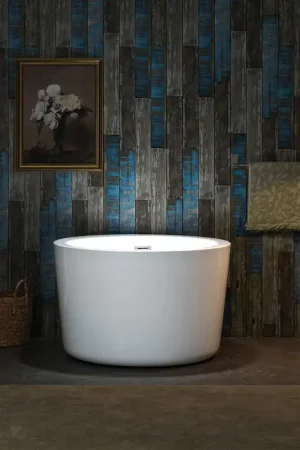 Affordable WoodBridge 41" White Acrylic Freestanding Round Contemporary Soaking Tub With Pre-molded Seat and Chrome Pop-up Drain, Overflow, F0071CHRD Tub Filler and Caddy Tray