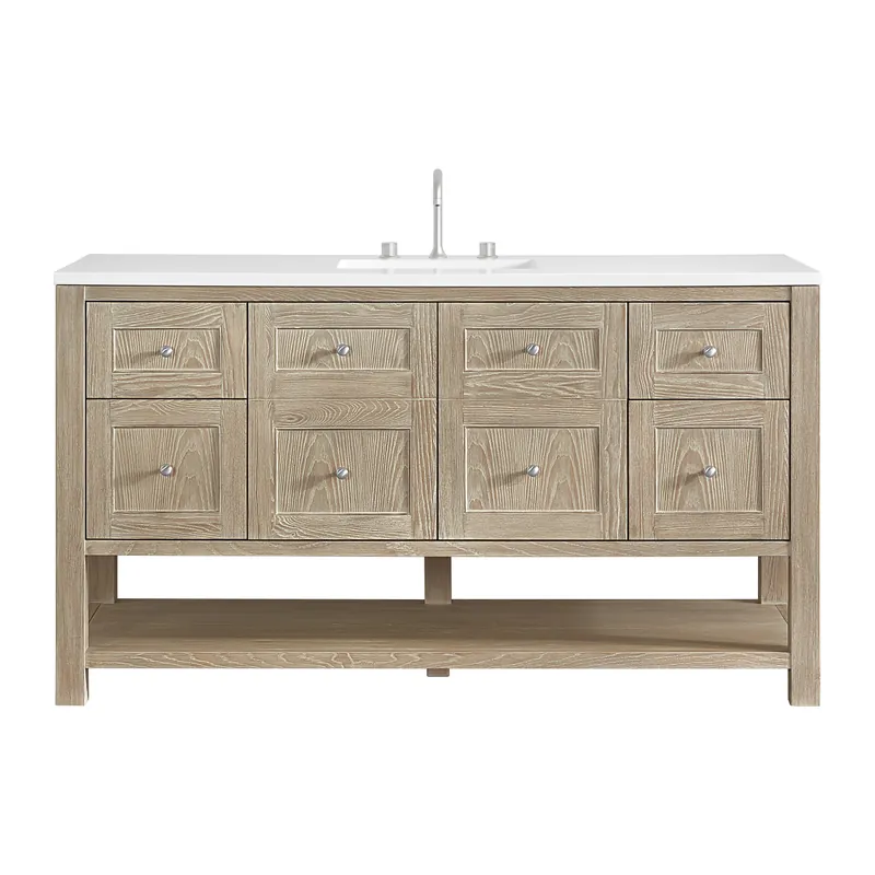 Direct From Factory James Martin Vanities Breckenridge 60" Whitewashed Oak Single Vanity With 3cm White Zeus Quartz Top