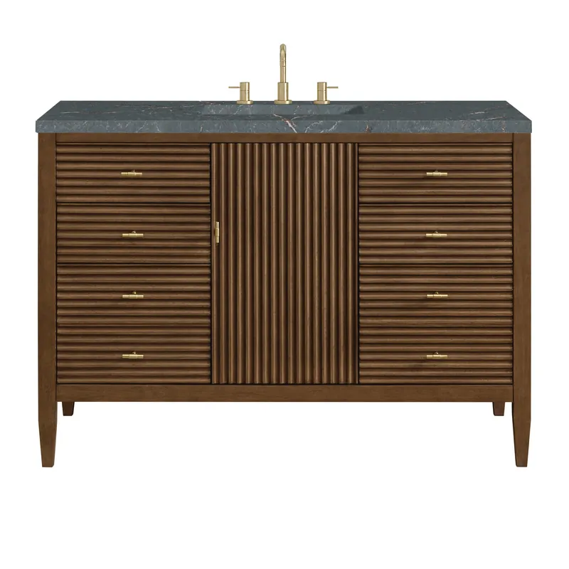 Free Delivery James Martin Vanities Myrrin 48" Mid Century Walnut Vanity With 3 cm Parisien Bleu Quartz Top