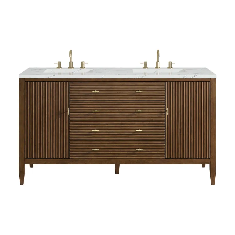 Top Pick James Martin Vanities Myrrin 60" Mid Century Walnut Double Vanity With 3 cm Ethereal Noctis Quartz Top