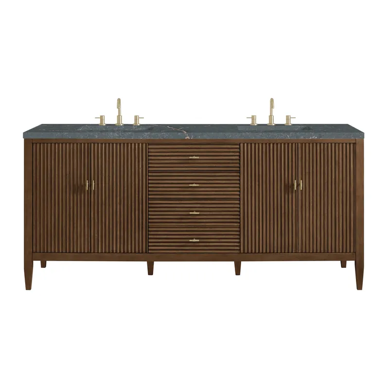 James Martin Vanities Myrrin 72" Mid Century Walnut Double Vanity With 3 cm Parisien Bleu Quartz Top Buy Today