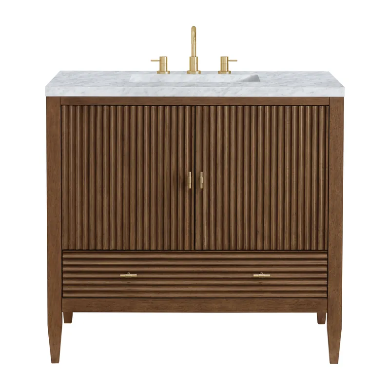 Top Pick James Martin Vanities Myrrin 36" Mid Century Walnut Vanity With 3 cm Carrara White Marble Top
