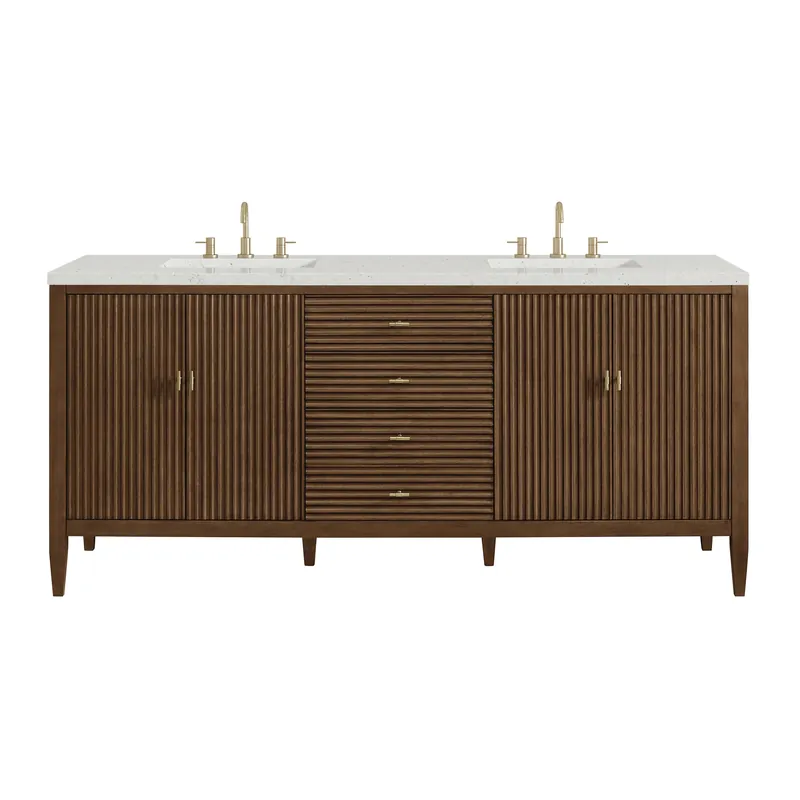 Brand New James Martin Vanities Myrrin 72" Mid Century Walnut Double Vanity With 3 cm Lime Delight Quartz Top