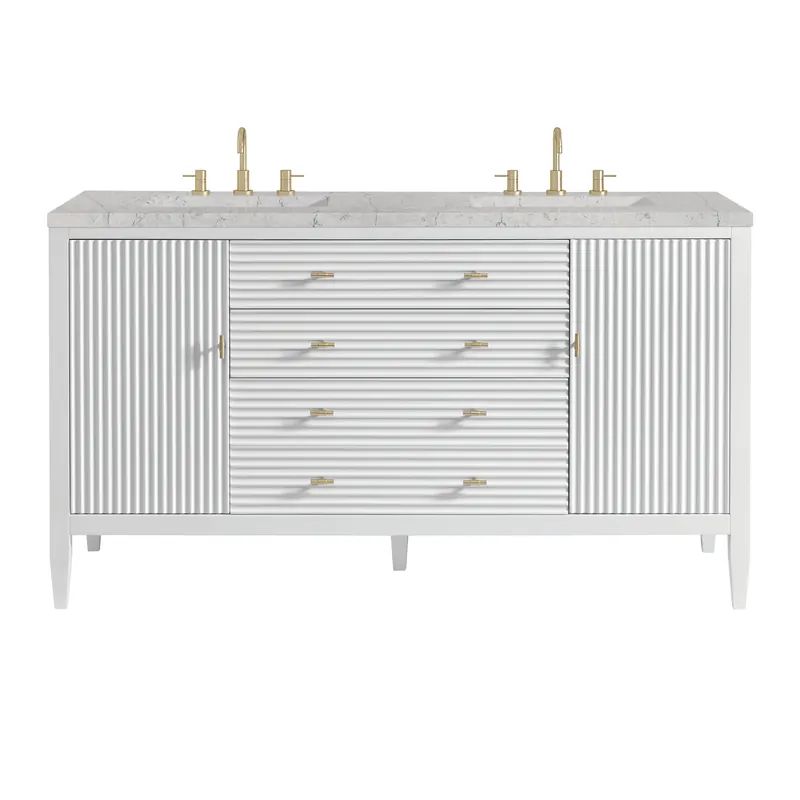 One Day Deal James Martin Vanities Myrrin 60" Bright White Double Vanity With 3 cm Eternal Jasmine Pearl Quartz Top