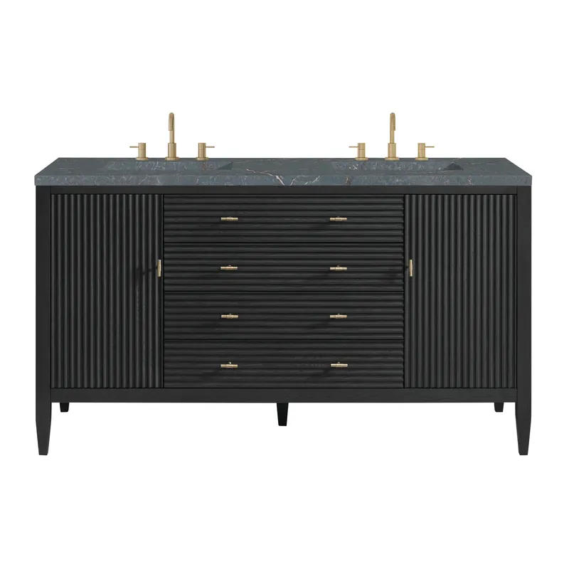 James Martin Vanities Myrrin 60" Carbon Oak Double Vanity With 3 cm Parisien Bleu Quartz Top Hassle-Free Returns