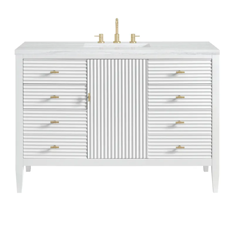 Trending James Martin Vanities Myrrin 48" Bright White Vanity With 3 cm Arctic Fall Solid Surface Top