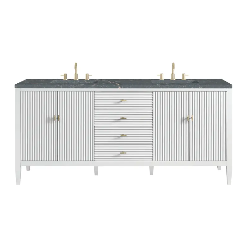 Best Price James Martin Vanities Myrrin 72" Bright White Double Vanity With 3 cm Parisien Bleu Quartz Top