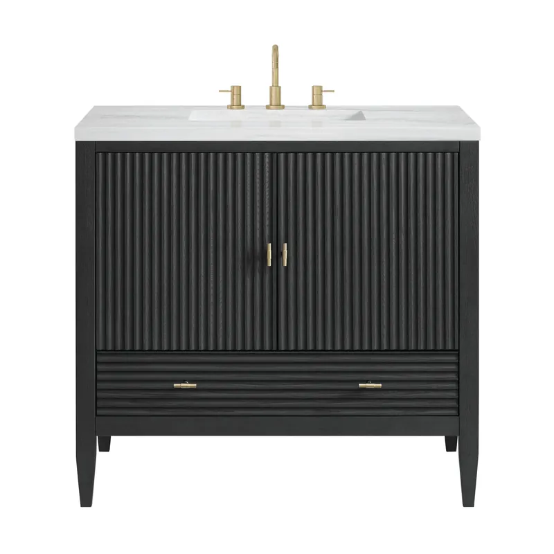 Deal James Martin Vanities Myrrin 36" Carbon Oak Vanity With 3 cm Arctic Fall Solid Surface Top