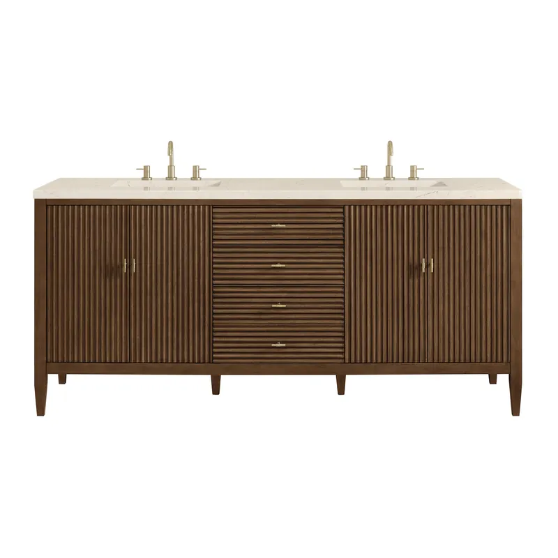 Free Delivery James Martin Vanities Myrrin 72" Mid Century Walnut Double Vanity With 3 cm Eternal Marfil Quartz Top