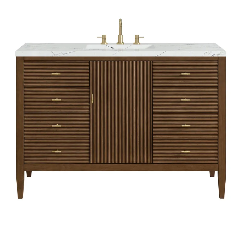 James Martin Vanities Myrrin 48" Mid Century Walnut Vanity With 3 cm Ethereal Noctis Quartz Top Place Order