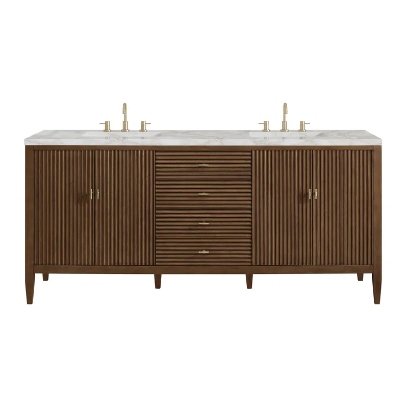 James Martin Vanities Myrrin 72" Mid Century Walnut Double Vanity With 3 cm Victorian Silver Quartz Top Reduced Price