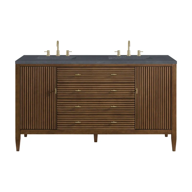 James Martin Vanities Myrrin 60" Mid Century Walnut Double Vanity With 3 cm Charcoal Soapstone Quartz Top Holiday Sale