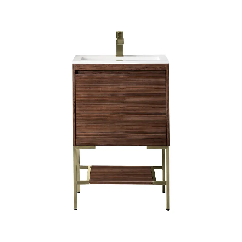 James Martin Vanities Mantova 23.6" Mid-Century Walnut and Champagne Brass Base Single Vanity With Glossy White Composite Stone Top Best Choice