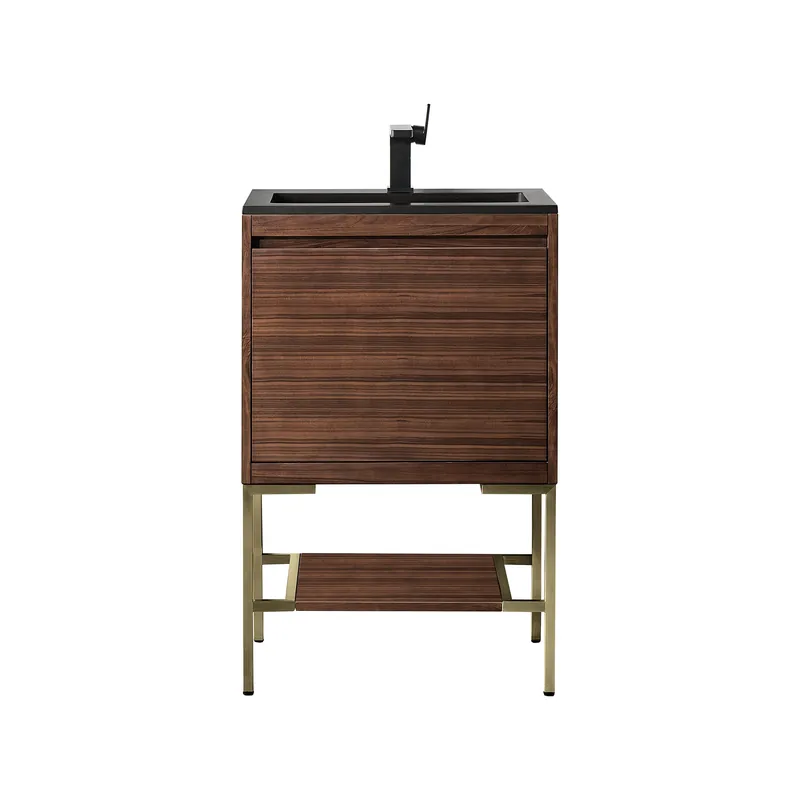 James Martin Vanities Mantova 23.6" Mid-Century Walnut and Champagne Brass Base Single Vanity With Charcoal Black Composite Stone Top One Day Deal