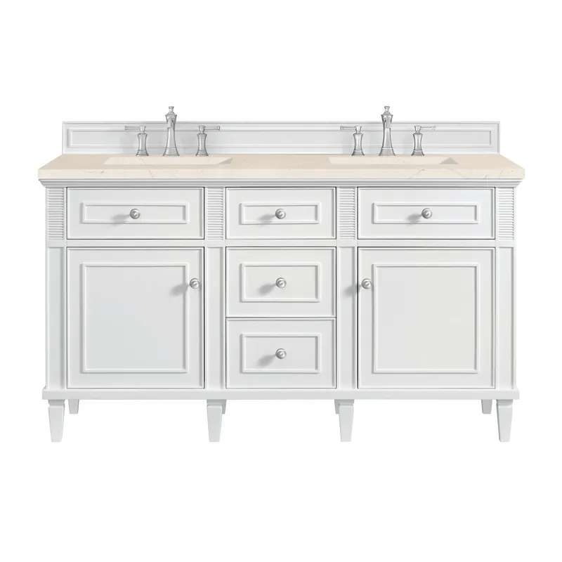 James Martin Vanities Lorelai 60" Bright White Double Vanity With 3 CM Eternal Marfil Quartz Top In Demand