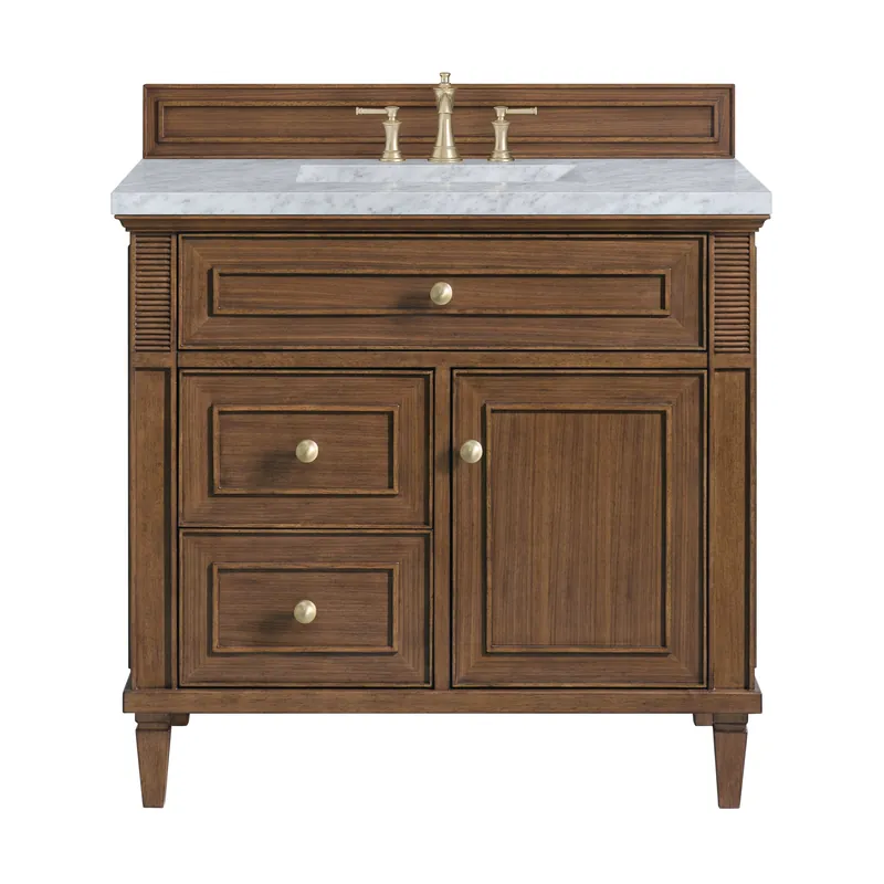 Super Sale James Martin Vanities Lorelai 36" Mid-Century Walnut Single Vanity With 3 CM Carrara White Marble Top