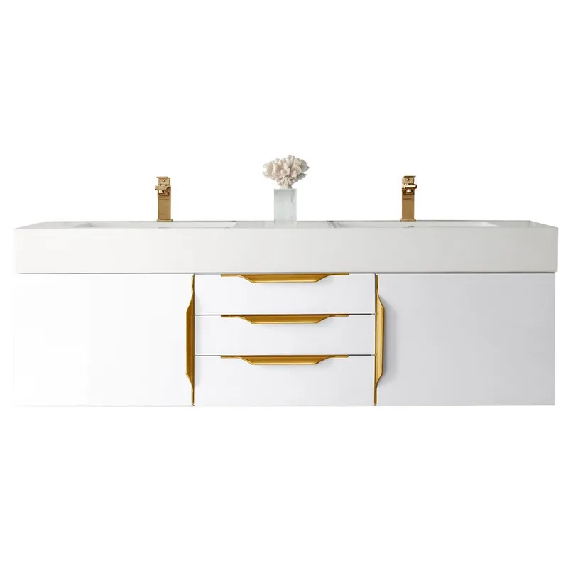 James Martin Vanities Columbia 59" Glossy White and Radiant Gold Double Wall Mount Vanity With Glossy White Composite Stone Top Big Sale