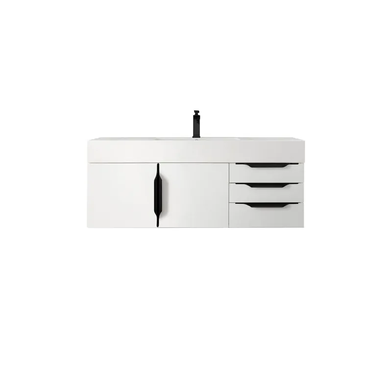 James Martin Vanities Columbia 48" Glossy White and Matte Black Single Wall Mount Vanity With Glossy White Composite Stone Top Brand New