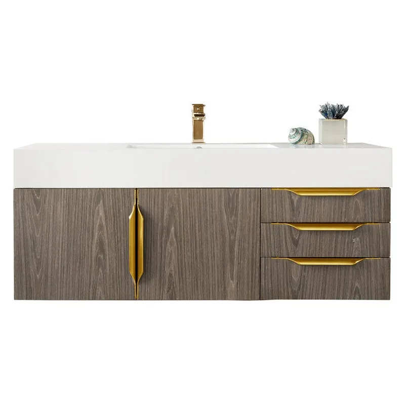 James Martin Vanities Columbia 48" Ash Gray and Radiant Gold Single Wall Mount Vanity With Glossy White Composite Stone Top Holiday Sale