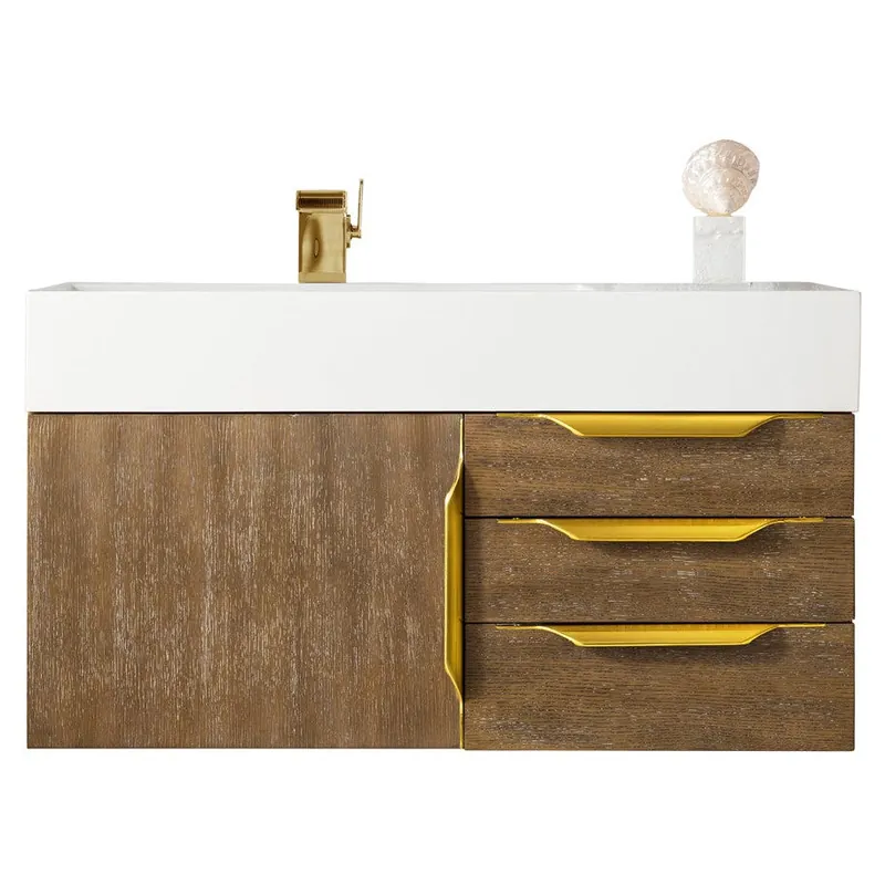 James Martin Vanities Columbia 36" Latte Oak and Radiant Gold Single Wall Mount Vanity With Glossy White Composite Stone Top Free Delivery
