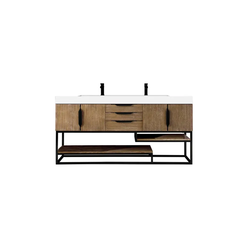 James Martin Vanities Columbia 72" Latte Oak and Matte Black Double Vanity With Glossy White Composite Stone Top Luxury