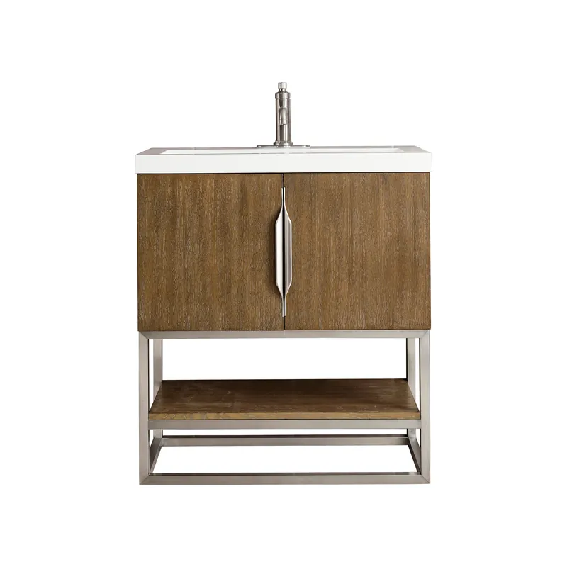 Deal James Martin Vanities Columbia 31.5" Latte Oak and Brushed Nickel Single Vanity With White Glossy Composite Stone Top