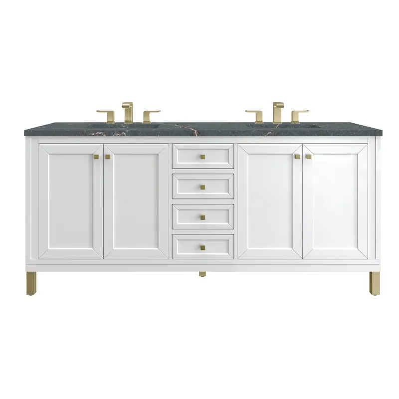 Factory Price James Martin Vanities Chicago 72" Glossy White Double Vanity With 3 cm Parisien Bleu Top