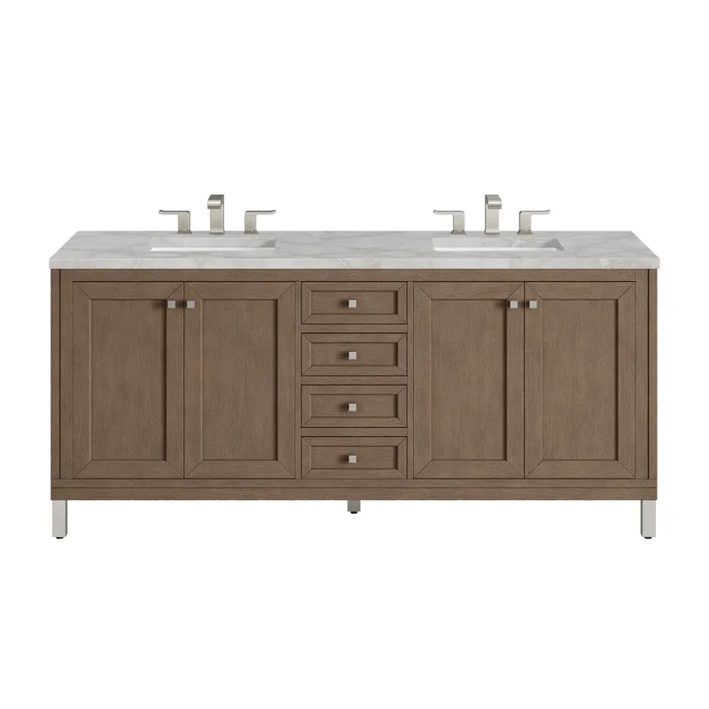 Last Chance James Martin Vanities Chicago 72" Whitewashed Walnut Double Vanity With 3 cm Victorian Silver Quartz Top