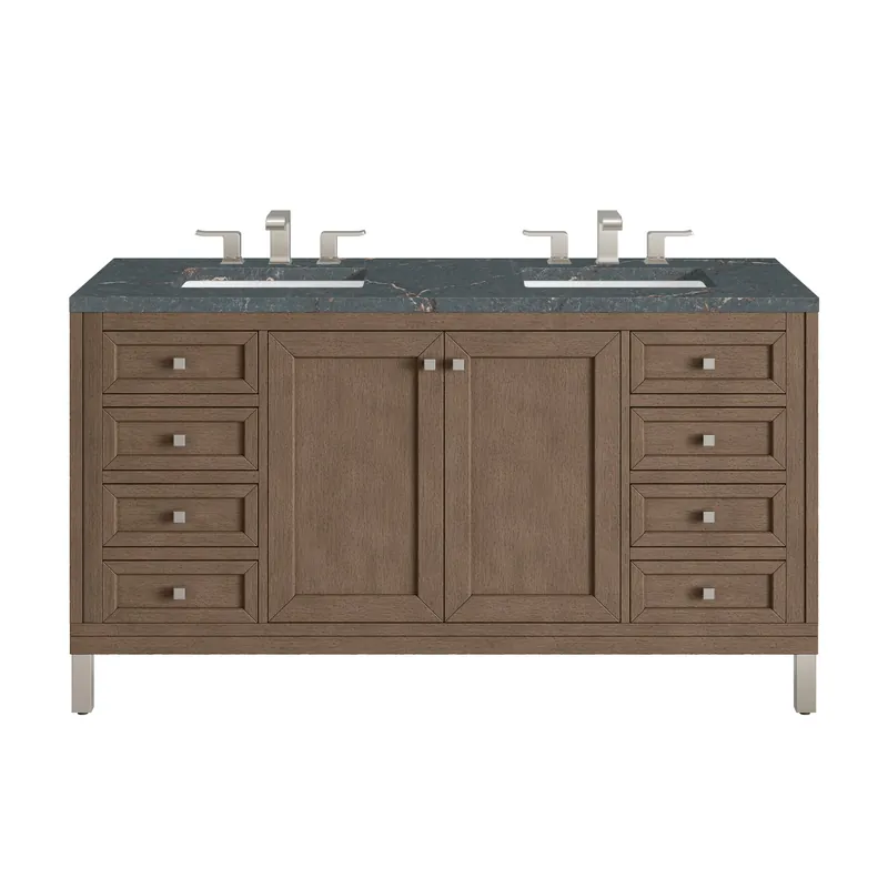 James Martin Vanities Chicago 60" Whitewashed Walnut Double Vanity With 3 cm Parisien Bleu Quartz Top Hassle-Free Returns