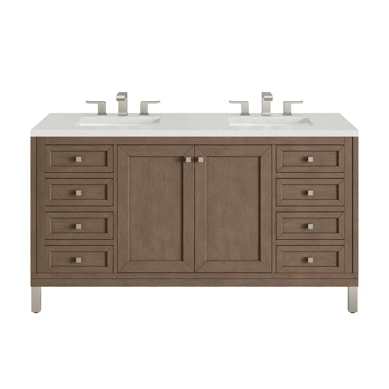 Handmade James Martin Vanities Chicago 60" Whitewashed Walnut Double Vanity With 3 cm Lime Delight Quartz Top