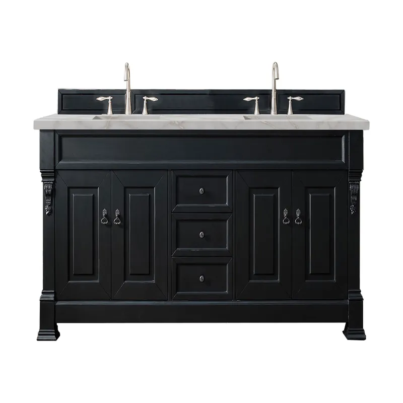 Trending James Martin Vanities Brittany 72" Antique Black Double Vanity With 3 cm Victorian Silver Quartz Top