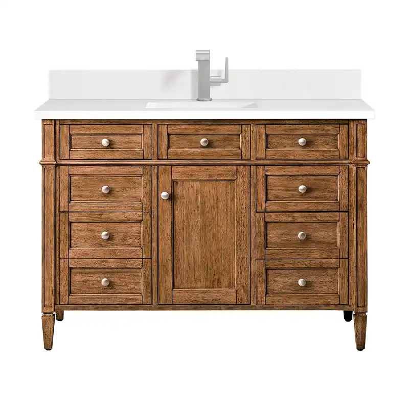 Save Now James Martin Vanities Brittany 48" Saddle Brown Single Vanity With Single Hole 3 cm White Zeus Quartz Top & Backsplash