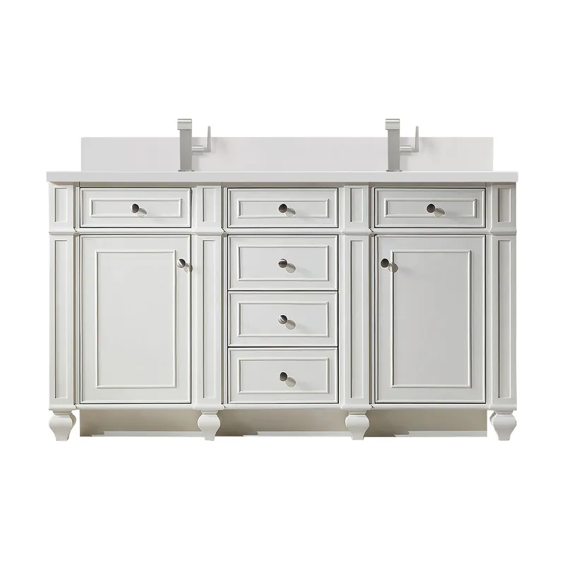 Worldwide Shipping James Martin Vanities Bristol 60" Bright White Double Vanity With Single Hole 3 cm White Zeus Quartz Top & Backsplash